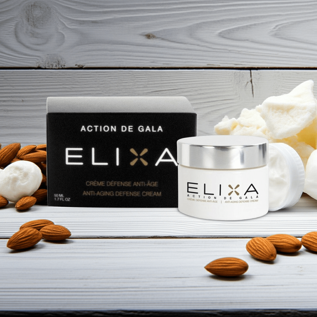 Elixa crème Défense Action de Gala sur table en bois blanc