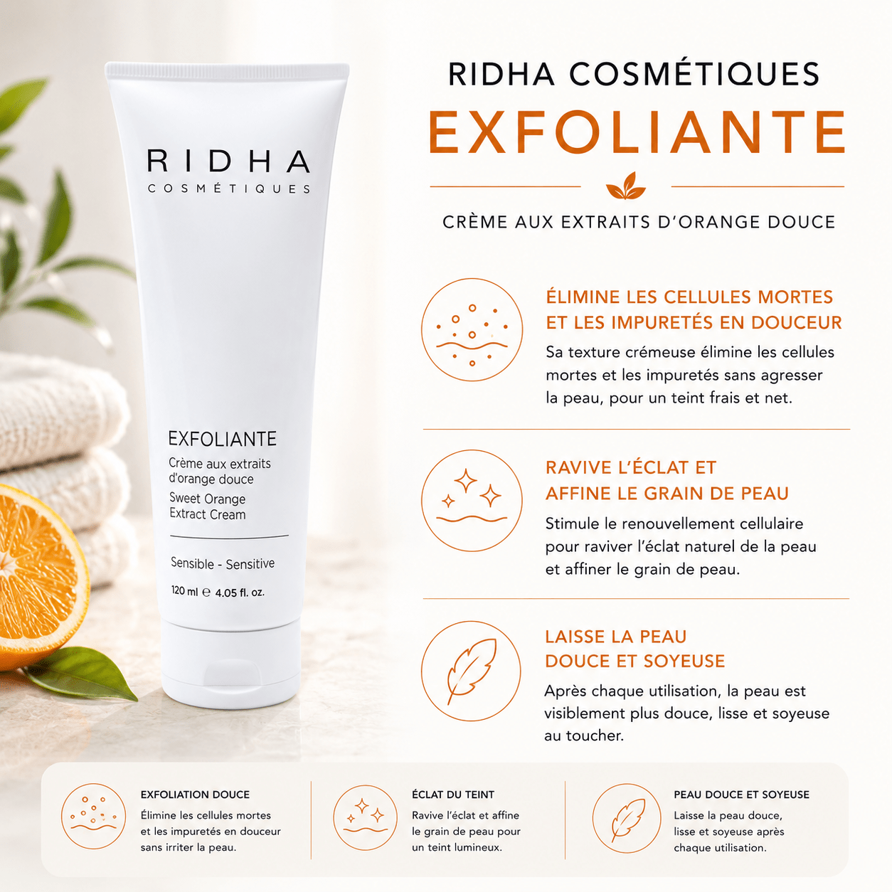 Crème Exfoliante Orange | Peau sensible 120 ml - Boutique Esthétique Martine Grenier