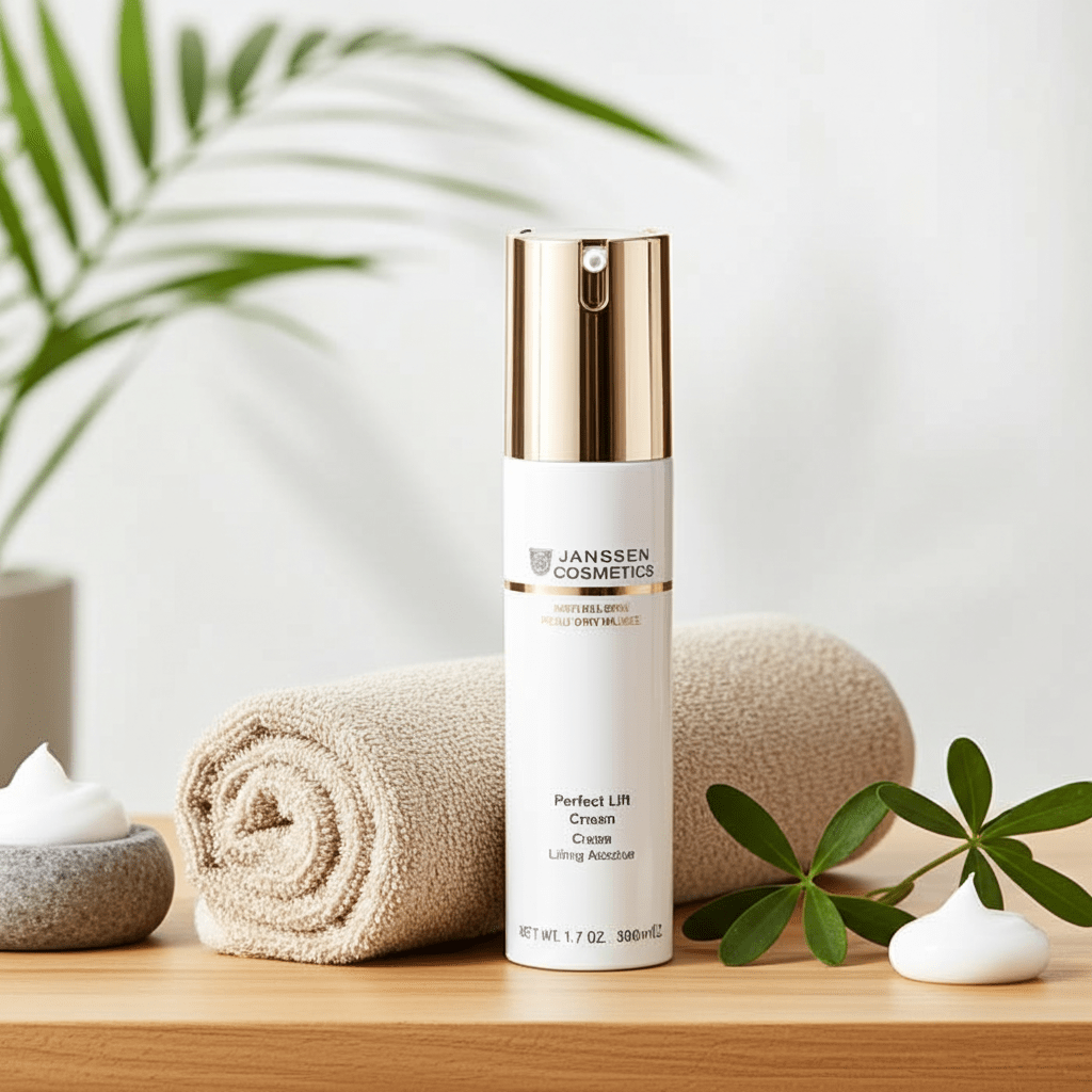 Bouteille de crème LIfting Absolue Janssen Cosmetis déposé sur une table en bois avec une serviette beige roulée et une branche de feuilles vertes.