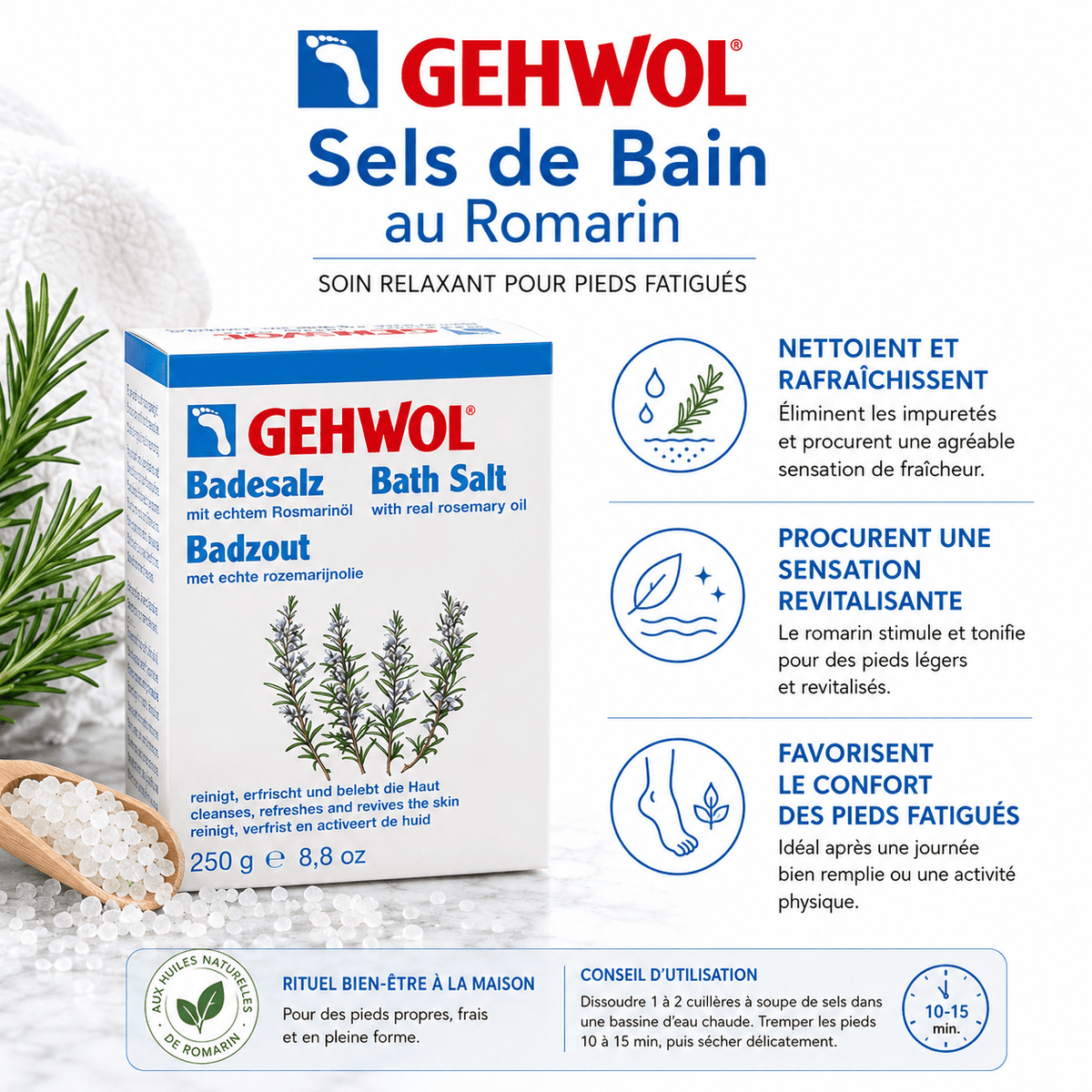 Sels de Bain au Romarin pour les Pieds | 10 x 25 g - Boutique Esthétique Martine Grenier