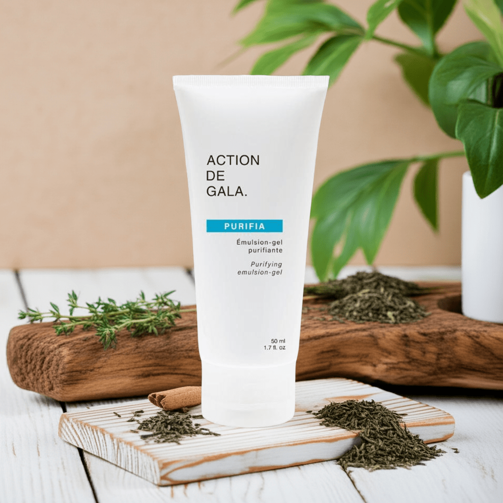 tube-purifia-action-de-gala-sur-table-en-bois