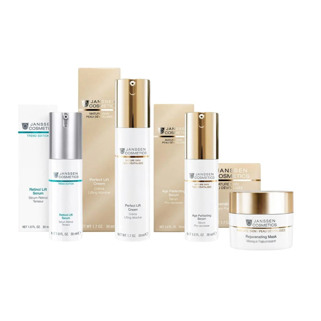 Quatre produits janssen Cosmetics avec leur boîte sur fond blanc.