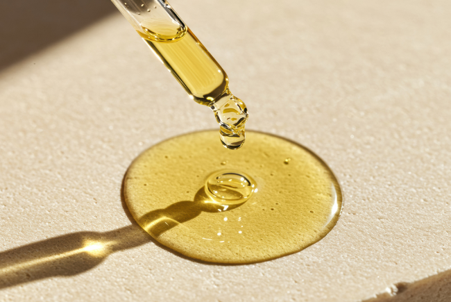 Une pipette qui dépose une goutte de sérum sur une surface beige 