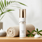 Bouteille de crème LIfting Absolue Janssen Cosmetis déposé sur une table en bois avec une serviette beige roulée et une branche de feuilles vertes.