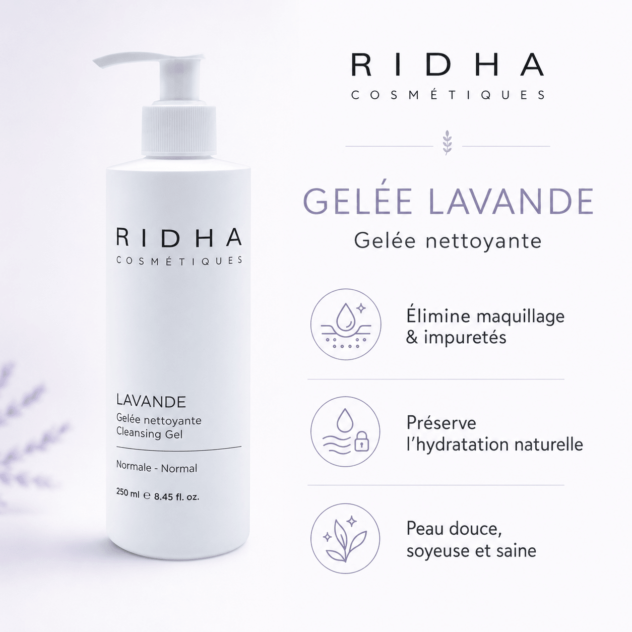 Gel nettoyant visage lavande toutes peaux 250 ml - Boutique Esthétique Martine Grenier
