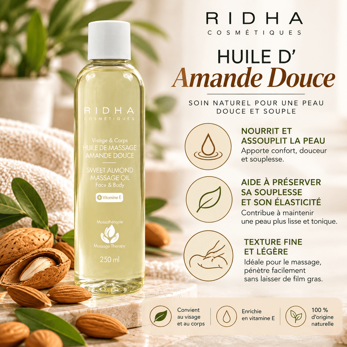 Huile d'Amande Douce 250 ml - Boutique Esthétique Martine Grenier