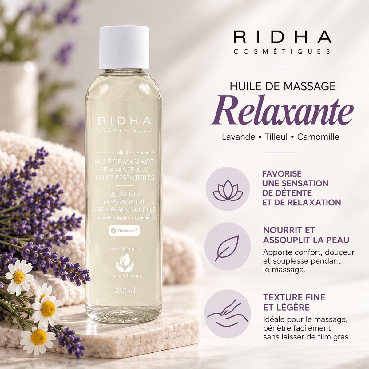 Huile Relaxante 250 ml - Boutique Esthétique Martine Grenier