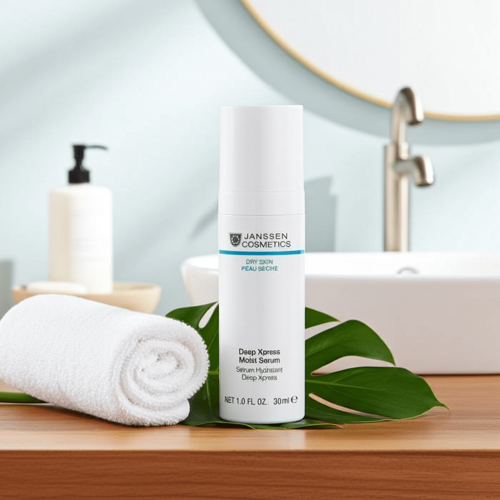 Bouteille de sérum hydratant Deep Xpress Janssen Cosmetics déposée sur une surface en bois avec serviette roulée et feuille verte.
