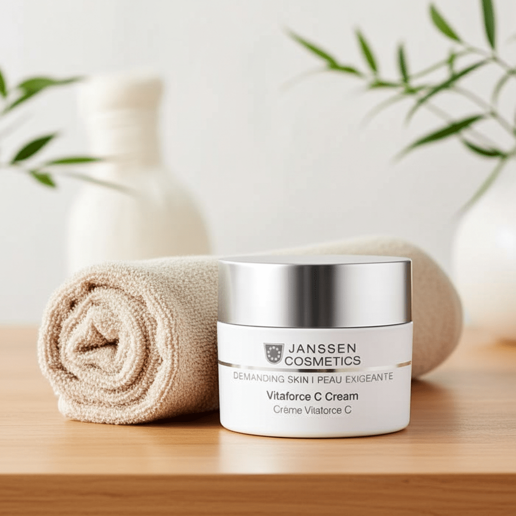 Pot de crème Vitaforce C sur une table en bois pâle avec une serviette beige roulée.
