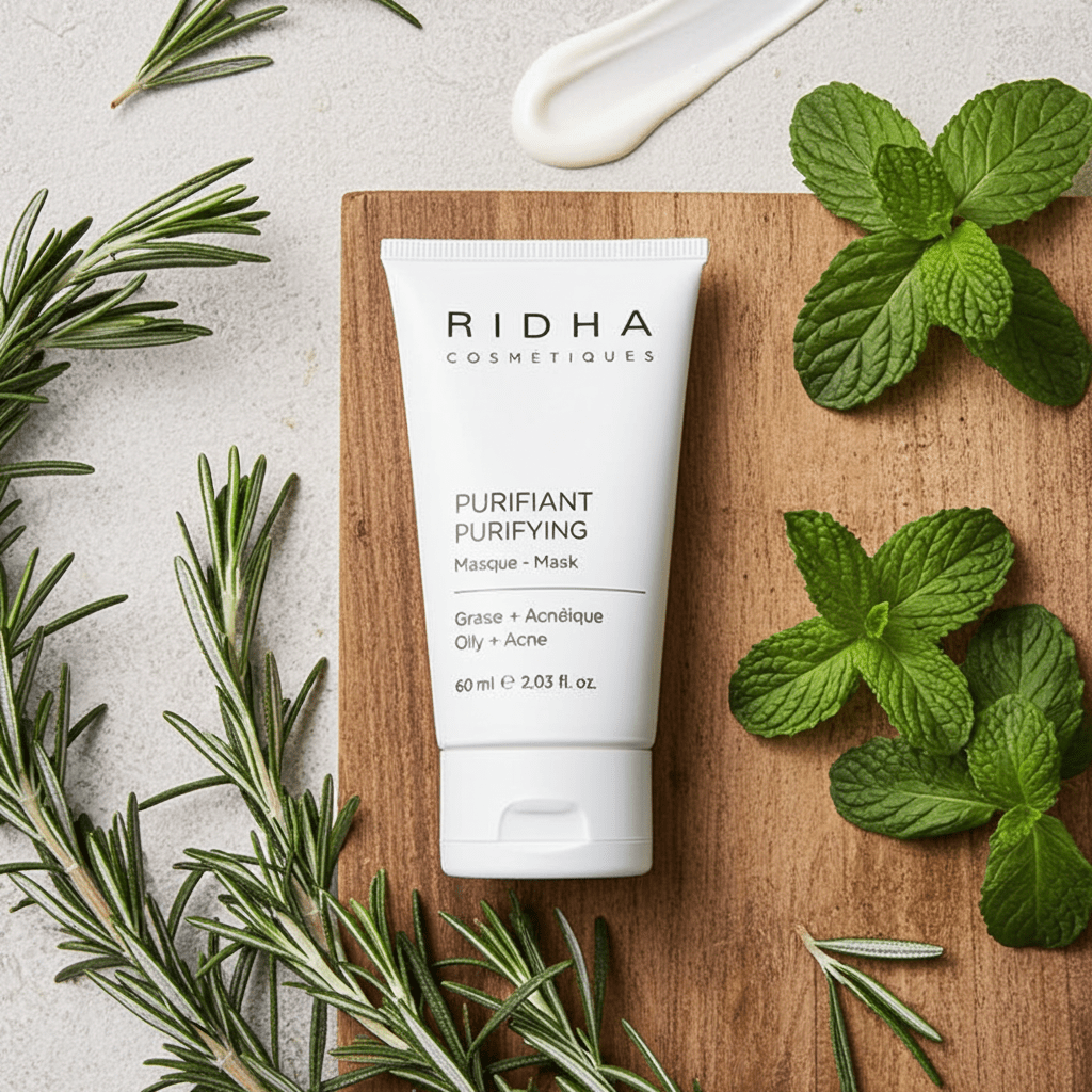 Tube de masque purifiant peau grasse de Ridha Cosmétiques déposé sur une surface en bois avec tiges de romarin et menthe