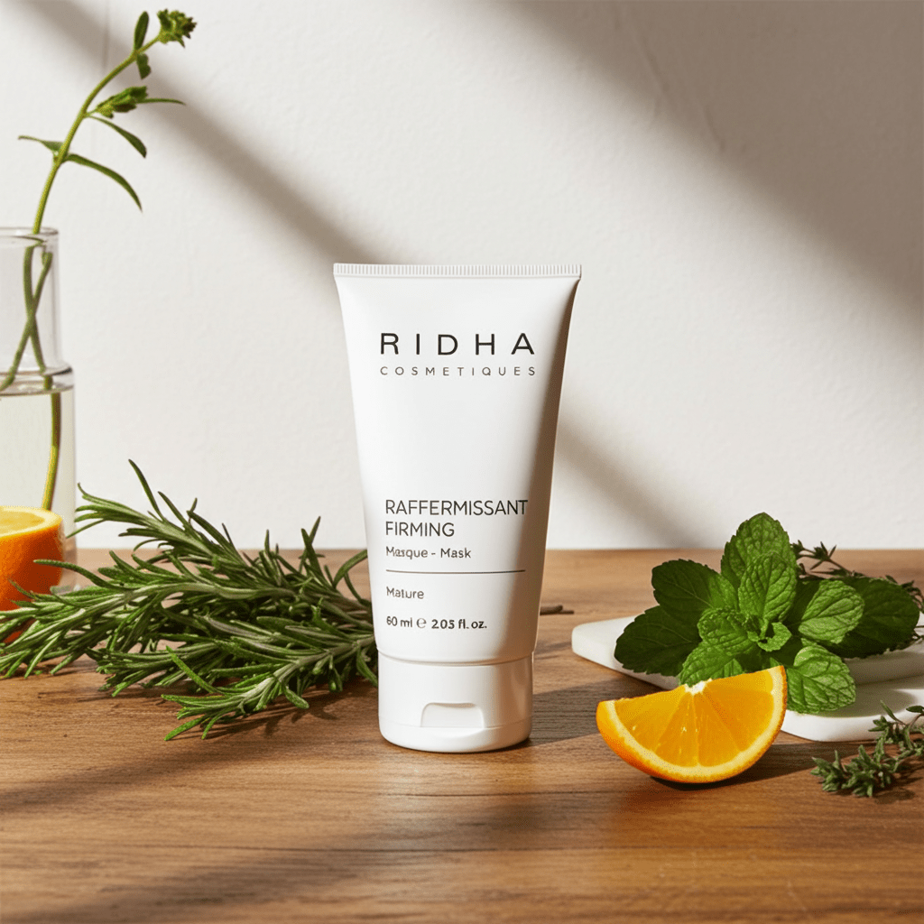 Tube de masque raffermissant de Ridha Cosmétiques déposé sur une surface en bois avec quartier d'orange, feuilles de menthe et de romarin