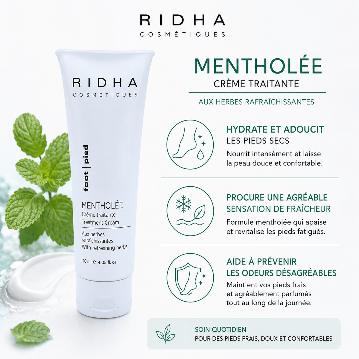 Mentholée | Crème Traitante Pieds 120 ml - Boutique Esthétique Martine Grenier