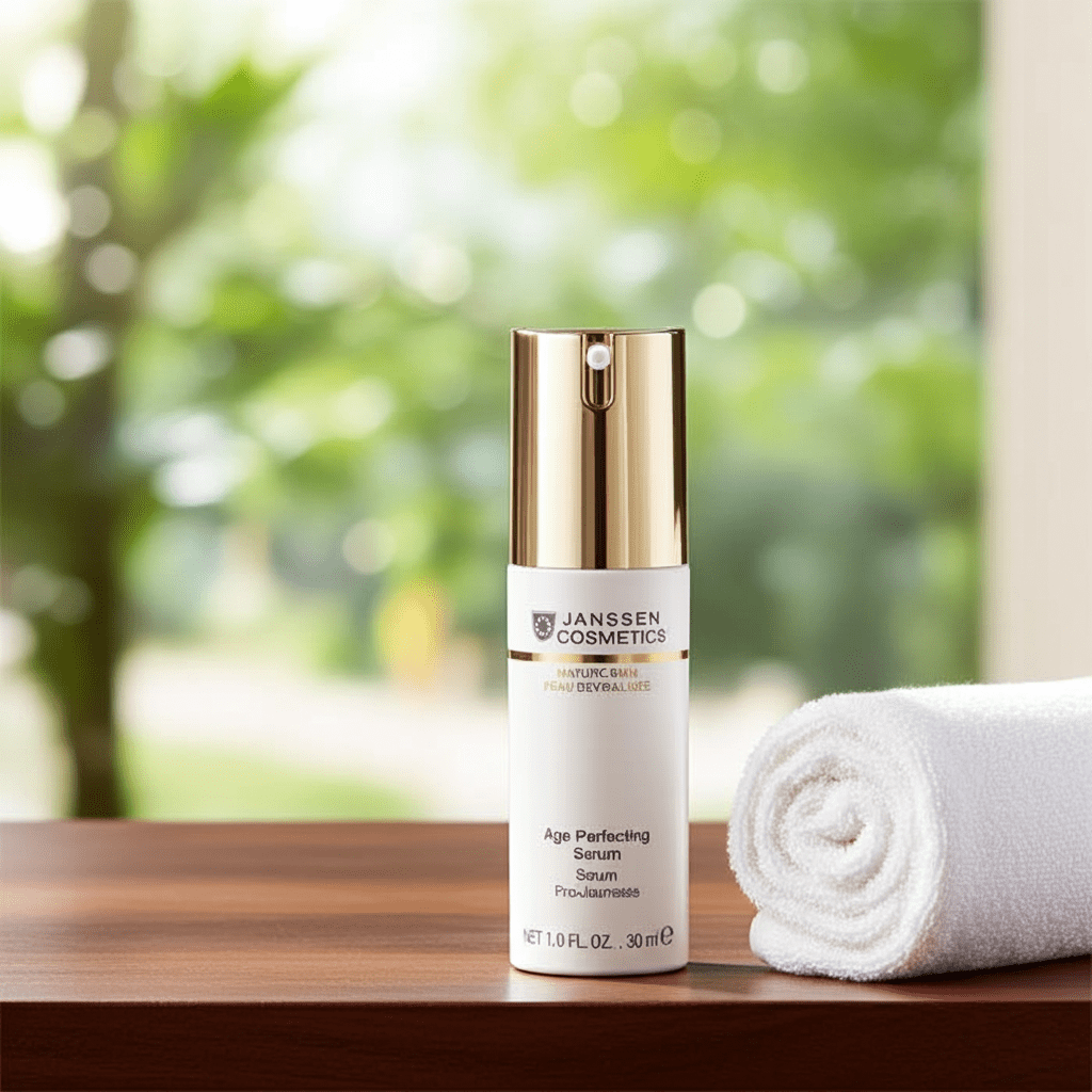 Bouteille de sérum pro jeunesse janssen cosmetics déposé sur une table en bois avec une serviette blanche roulée