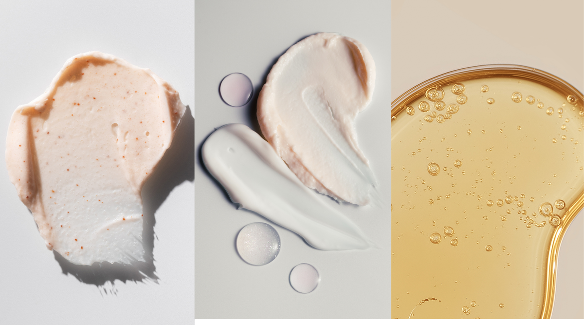Trois textures d'exfoliants pour le visage sur fond blanc